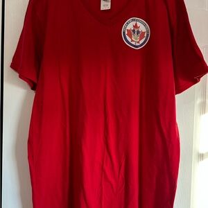 Red V-Neck Women's Tee Shirt with “Crown Jewels of Canada Society” crest.